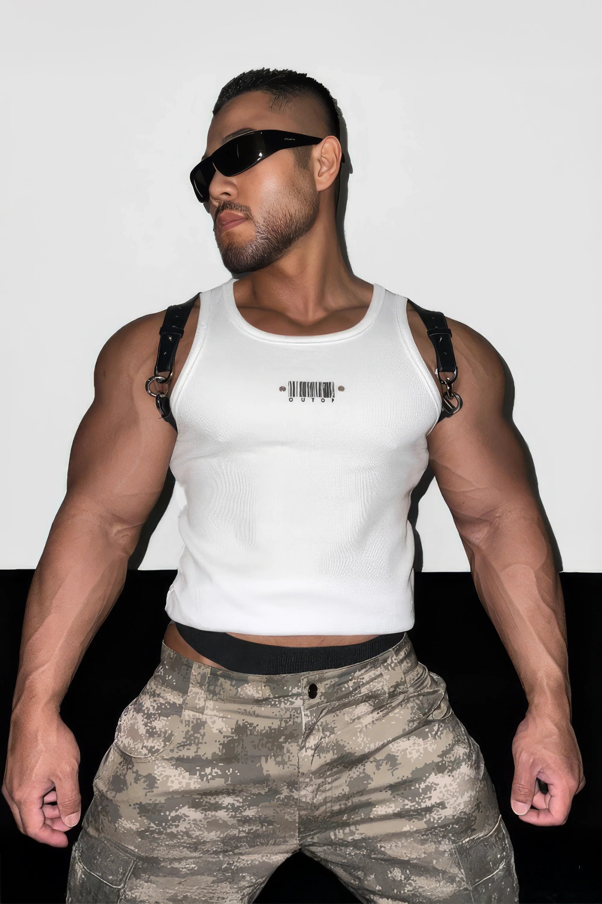 Men's Sleeveless Ribbed Tank with Stud Embroidery – Stretch Gym Wear
